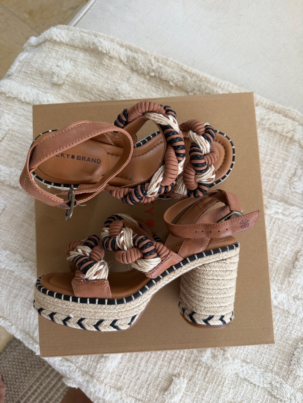 NWOT Lucky Brand Tan and Cream Braided Platform Heels